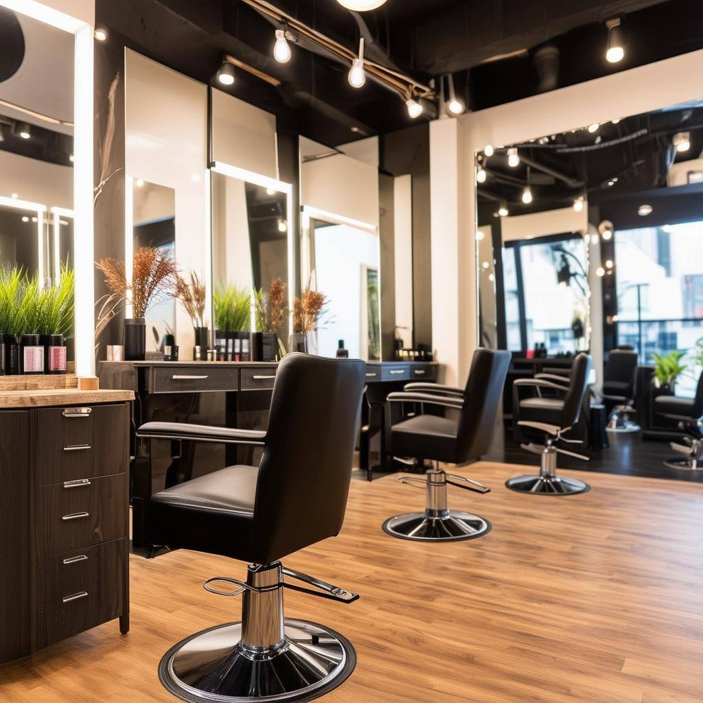 hair salon with wood flooring