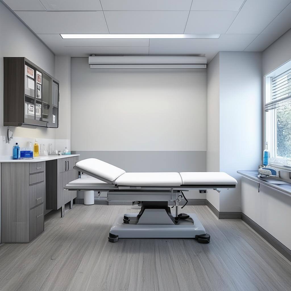 medical room with gray wood flooring